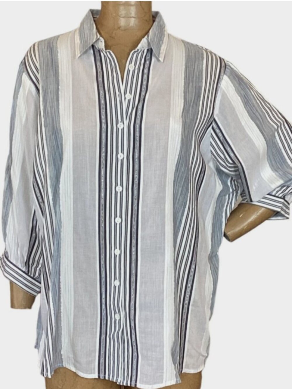 Peter Nygard Balloon Sleeve Button-Up Metallic Stripe Top M/L Gray Silver 295i